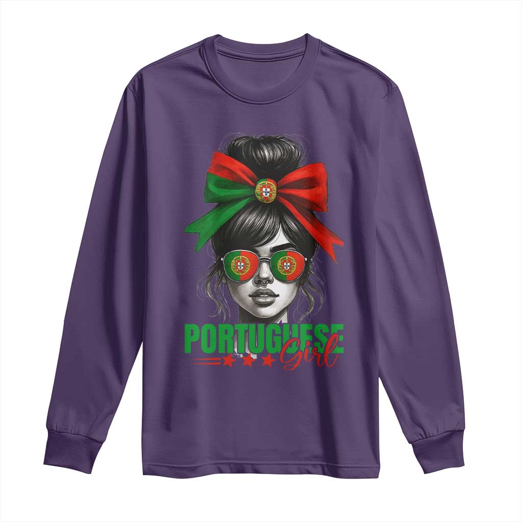 Portuguese Girl Long Sleeve Shirt Messy Bun Portugal Flag Roots Heritage Pride Gift TS10 Purple Print Your Wear