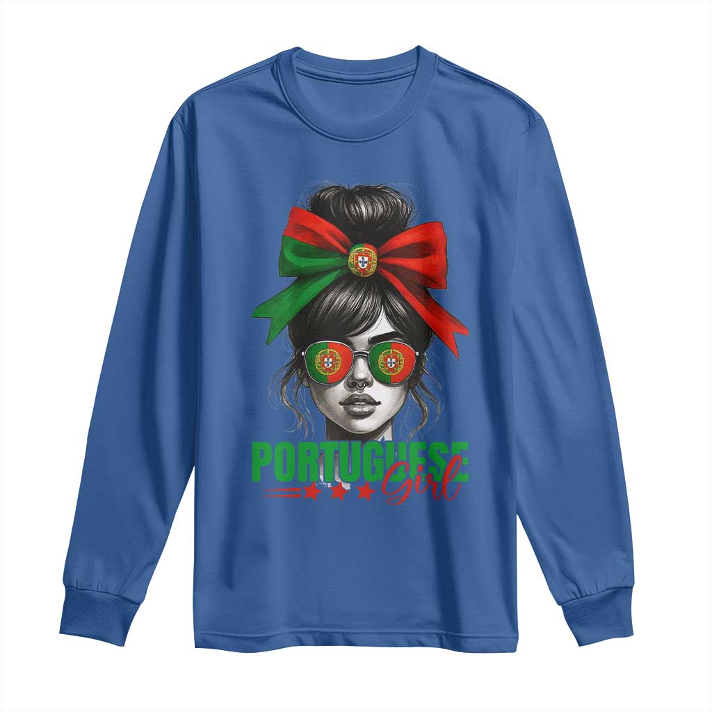 Portuguese Girl Long Sleeve Shirt Messy Bun Portugal Flag Roots Heritage Pride Gift TS10 Royal Blue Print Your Wear