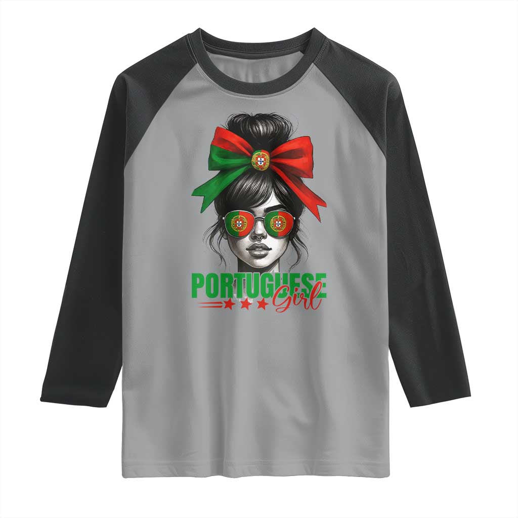 Portuguese Girl Raglan Shirt Messy Bun Portugal Flag Roots Heritage Pride Gift TS10 Sport Gray Black Print Your Wear