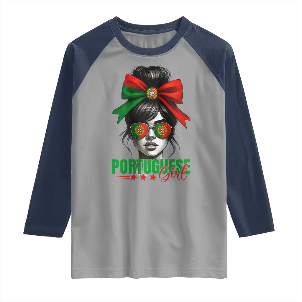 Portuguese Girl Raglan Shirt Messy Bun Portugal Flag Roots Heritage Pride Gift TS10 Sport Gray Navy Print Your Wear