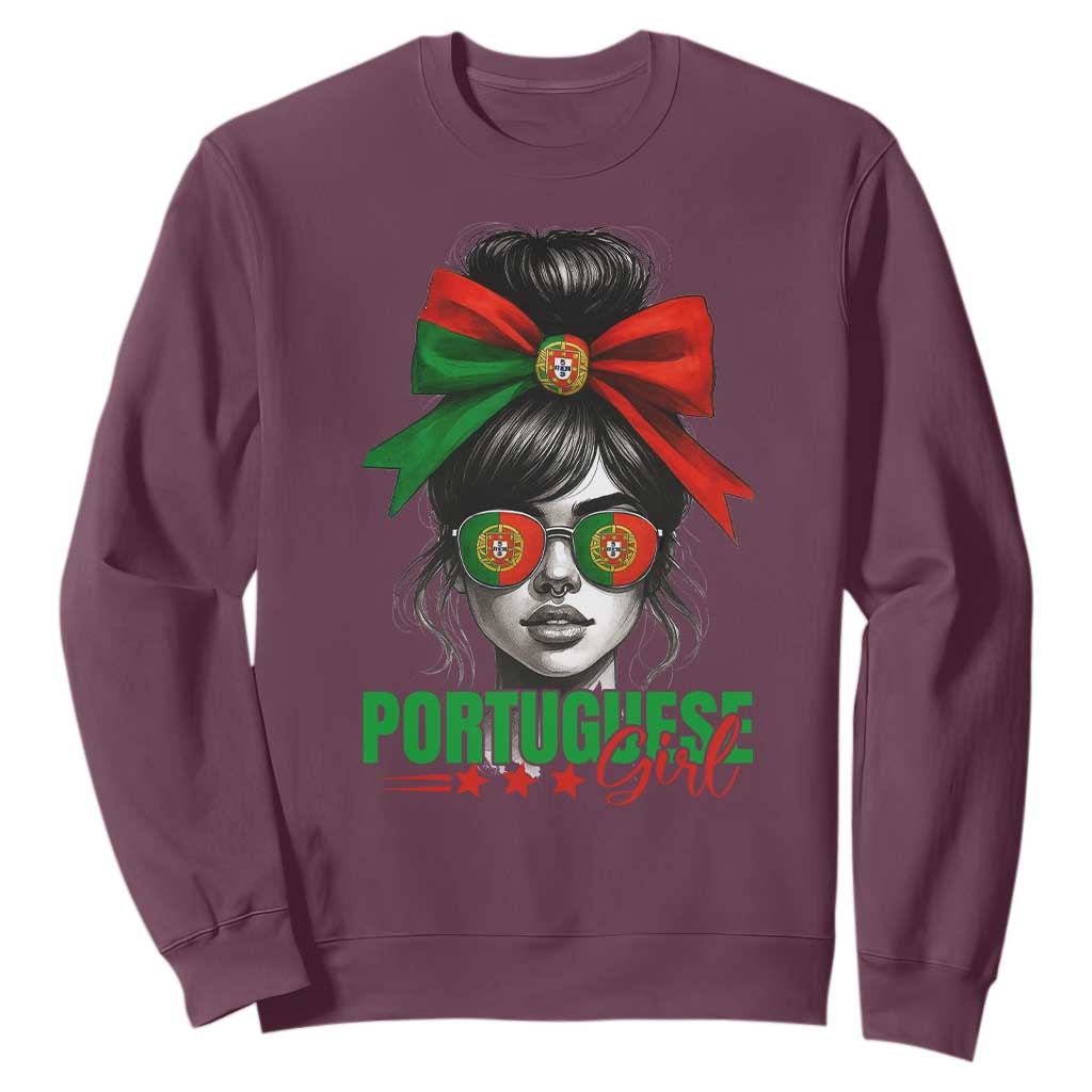 Portuguese Girl Sweatshirt Messy Bun Portugal Flag Roots Heritage Pride Gift TS10 Maroon Print Your Wear