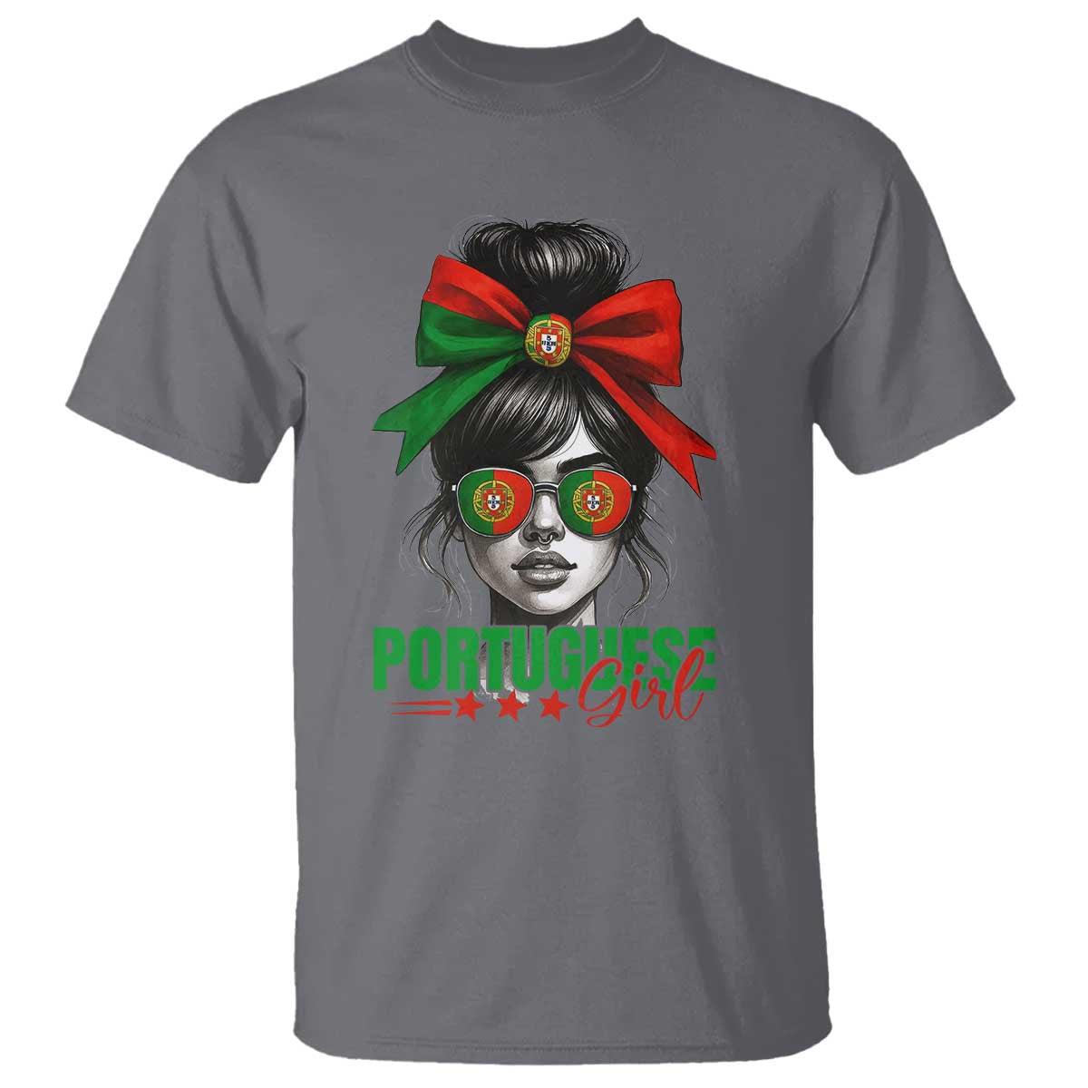 Portuguese Girl T Shirt Messy Bun Portugal Flag Roots Heritage Pride Gift TS10 Charcoal Print Your Wear