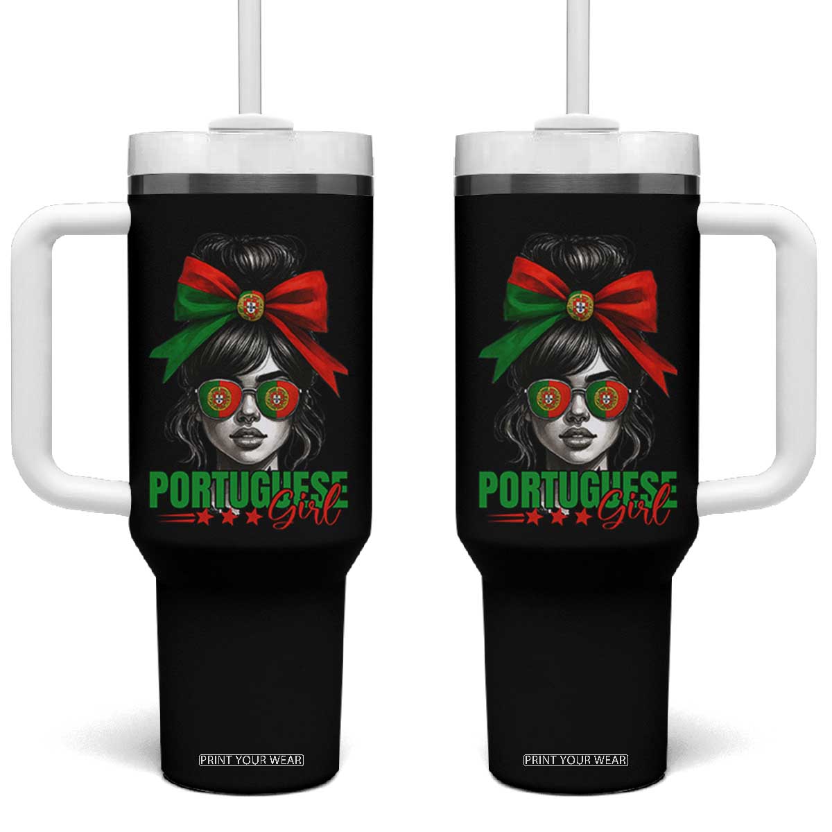 Portuguese Girl Tumbler With Handle Messy Bun Portugal Flag Roots Heritage Pride Gift TS10 One Size: 40 oz Black Print Your Wear