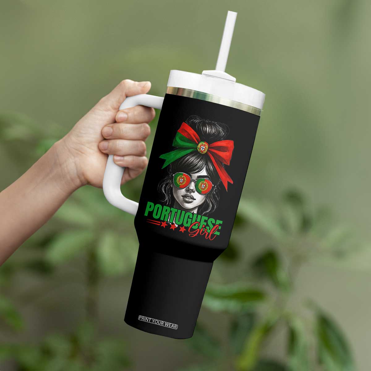 Portuguese Girl Tumbler With Handle Messy Bun Portugal Flag Roots Heritage Pride Gift TS10 Print Your Wear