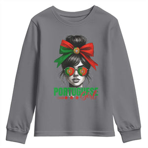 Portuguese Girl Youth Sweatshirt Messy Bun Portugal Flag Roots Heritage Pride Gift TS10 Charcoal Print Your Wear