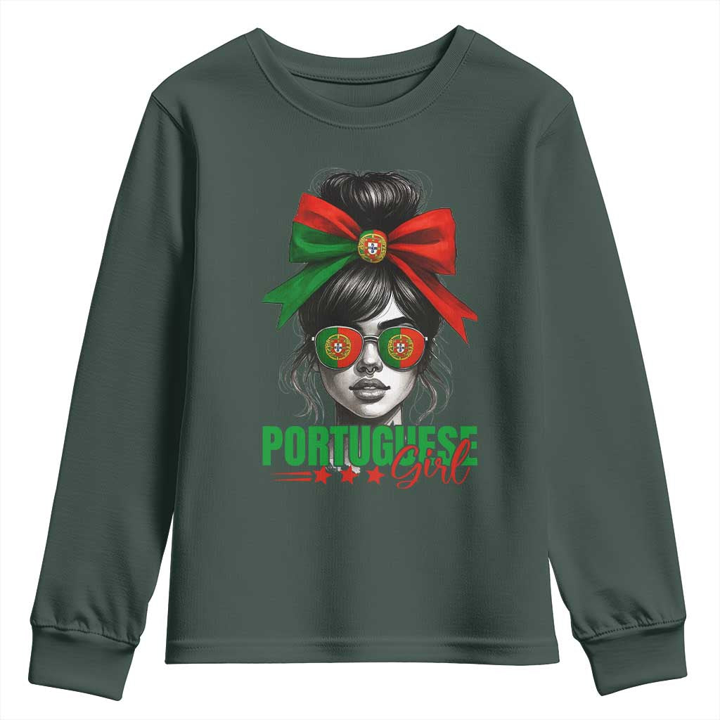 Portuguese Girl Youth Sweatshirt Messy Bun Portugal Flag Roots Heritage Pride Gift TS10 Dark Forest Green Print Your Wear
