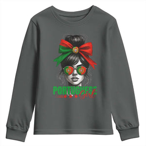 Portuguese Girl Youth Sweatshirt Messy Bun Portugal Flag Roots Heritage Pride Gift TS10 Dark Heather Print Your Wear