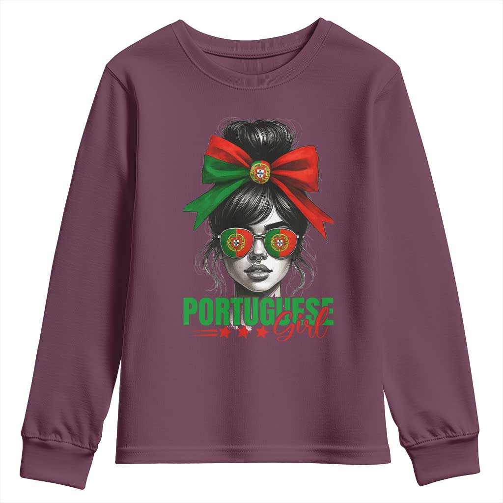 Portuguese Girl Youth Sweatshirt Messy Bun Portugal Flag Roots Heritage Pride Gift TS10 Maroon Print Your Wear