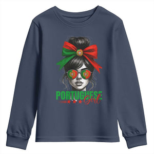 Portuguese Girl Youth Sweatshirt Messy Bun Portugal Flag Roots Heritage Pride Gift TS10 Navy Print Your Wear