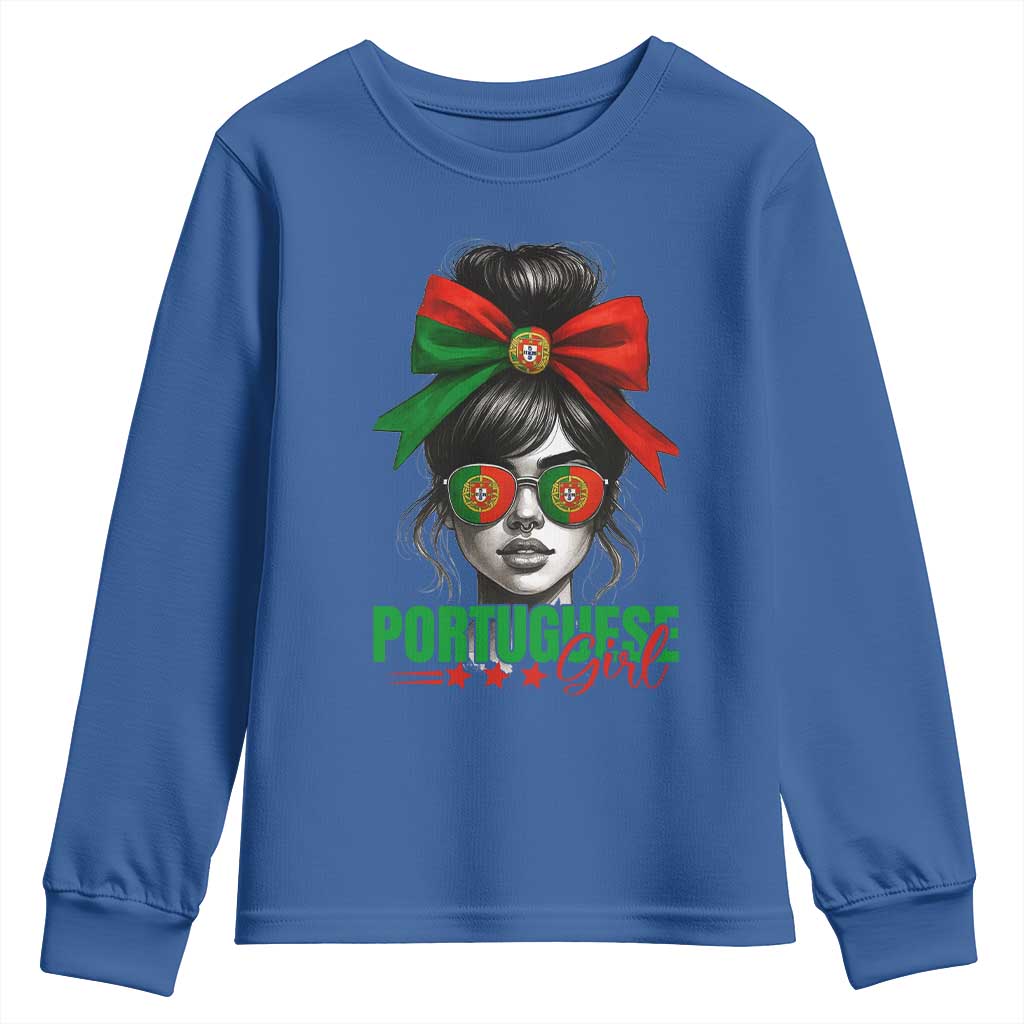 Portuguese Girl Youth Sweatshirt Messy Bun Portugal Flag Roots Heritage Pride Gift TS10 Royal Blue Print Your Wear
