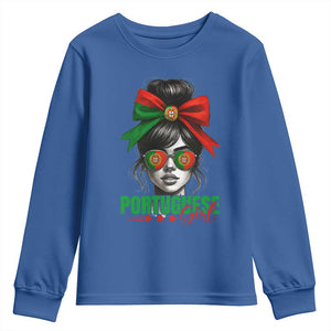 Portuguese Girl Youth Sweatshirt Messy Bun Portugal Flag Roots Heritage Pride Gift TS10 Royal Blue Print Your Wear