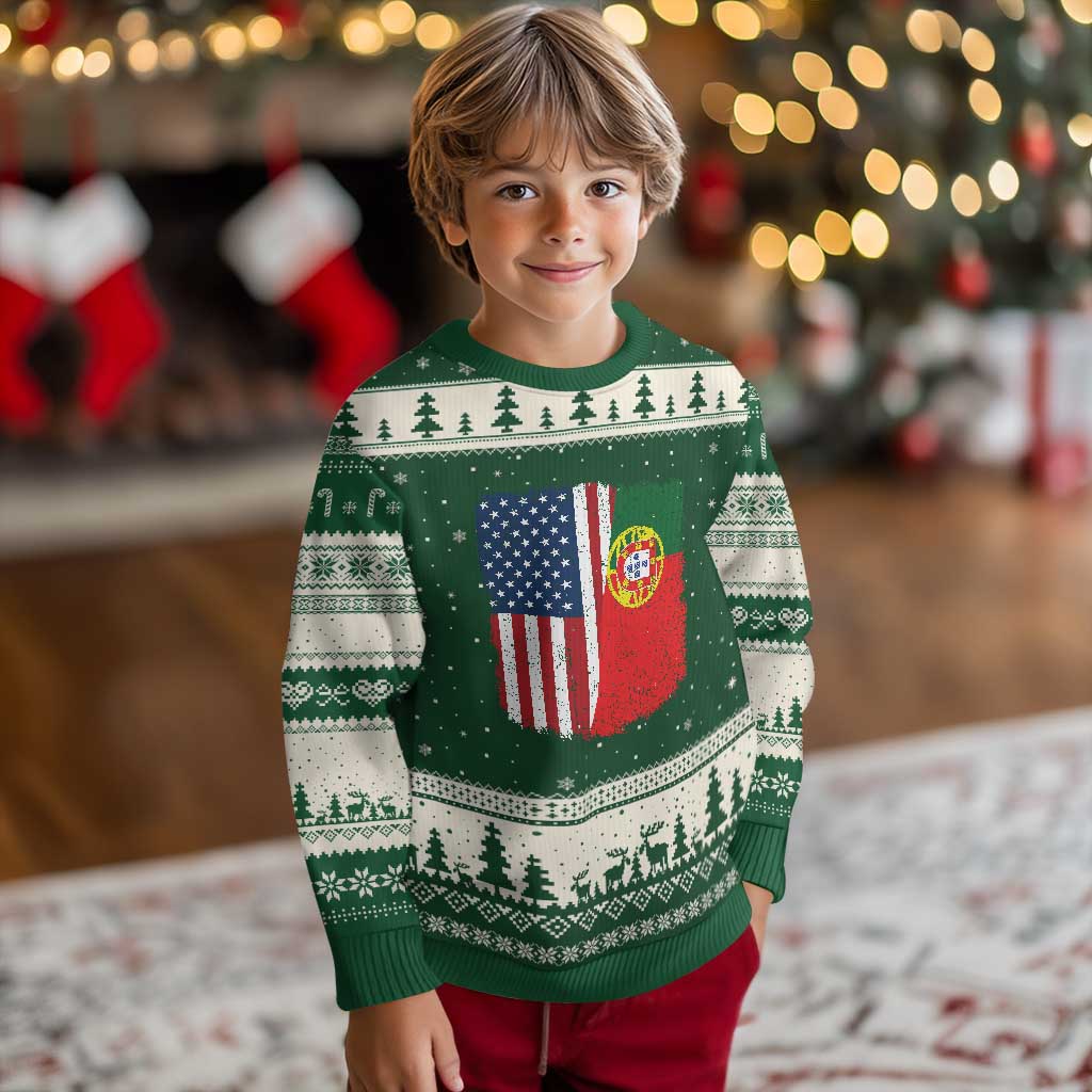 Portuguese American Flag Ugly Christmas Sweater Retro Vintage USA Portugal Roots Heritage Pride TS10 Forest Green Beige Print Your Wear