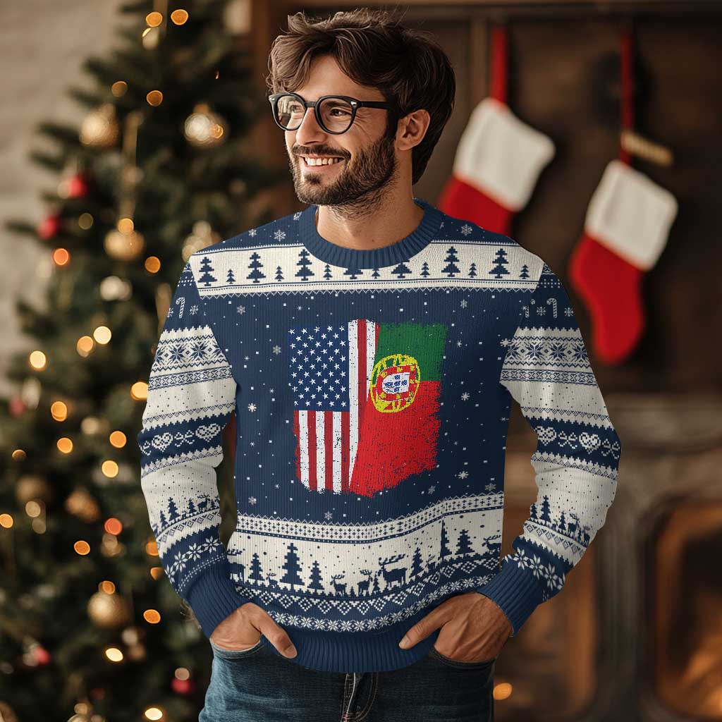 Portuguese American Flag Ugly Christmas Sweater Retro Vintage USA Portugal Roots Heritage Pride TS10 Navy Beige Print Your Wear