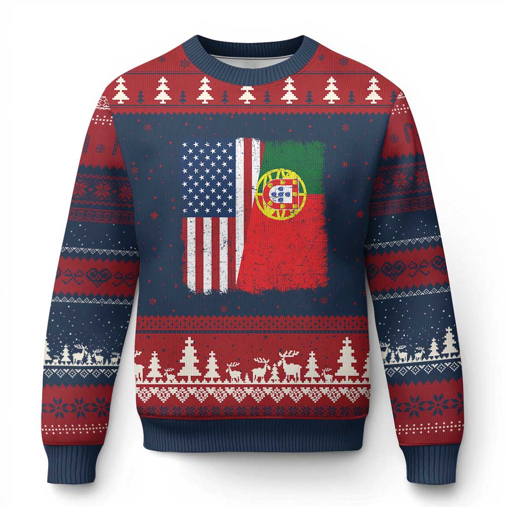 Portuguese American Flag Ugly Christmas Sweater Retro Vintage USA Portugal Roots Heritage Pride TS10 Navy Red Print Your Wear