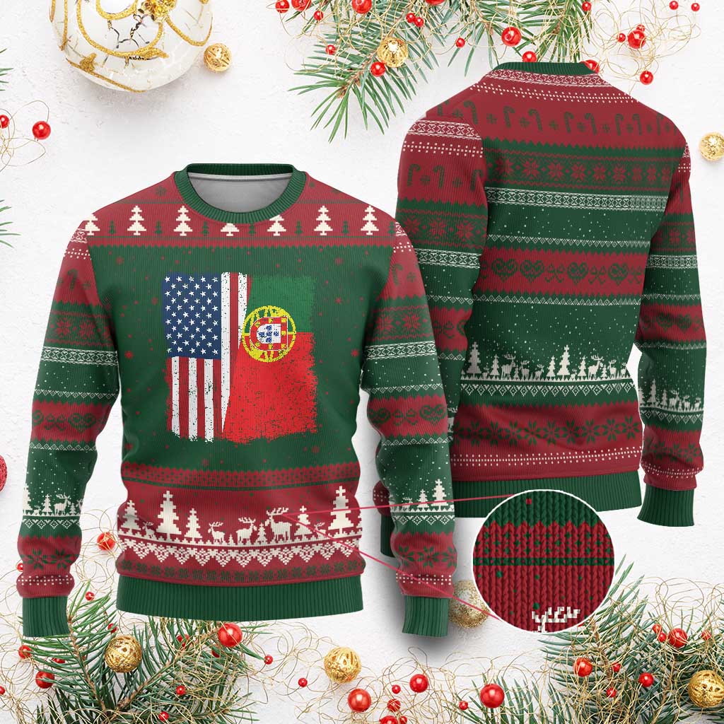 Portuguese American Flag Ugly Christmas Sweater Retro Vintage USA Portugal Roots Heritage Pride TS10 Red Green Print Your Wear