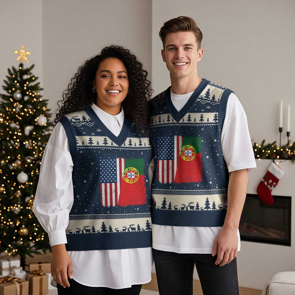 Portuguese American Flag V-Neck Knit Sweater Vest Retro Vintage USA Portugal Roots Heritage Pride TS10 Navy Beige Print Your Wear