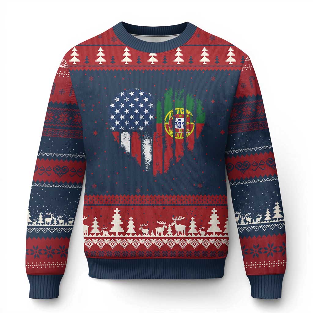 Half Portuguese American Flag Ugly Christmas Sweater Portugal Roots USA Flag Immigrant Gifts TS10 Navy Red Print Your Wear