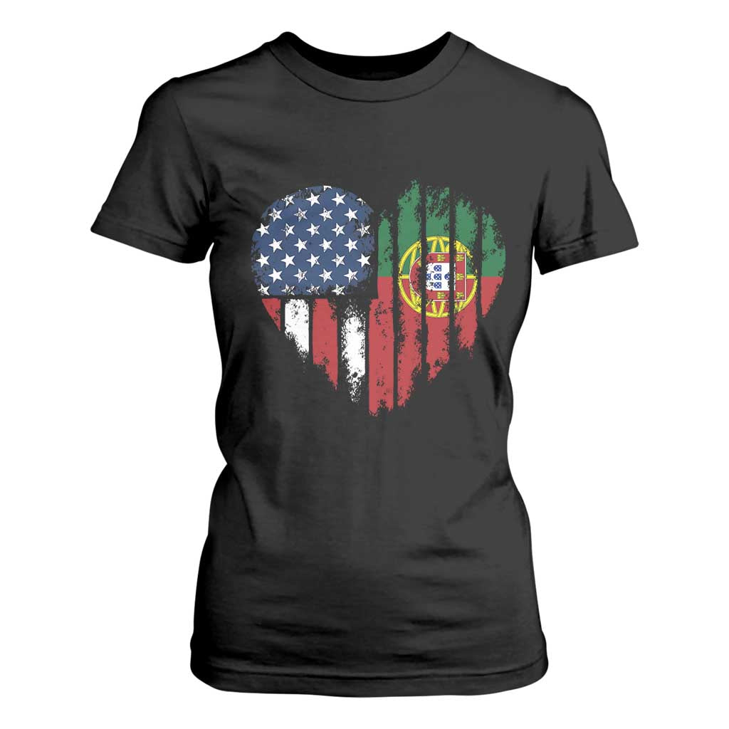 Half Portuguese American Flag T Shirt For Women Portugal Roots USA Flag Immigrant Gifts TS10 Black Print Your Wear