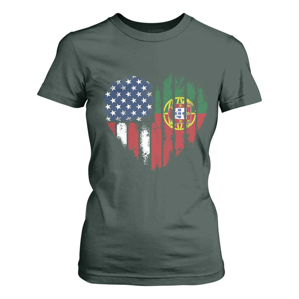 Half Portuguese American Flag T Shirt For Women Portugal Roots USA Flag Immigrant Gifts TS10 Dark Forest Green Print Your Wear