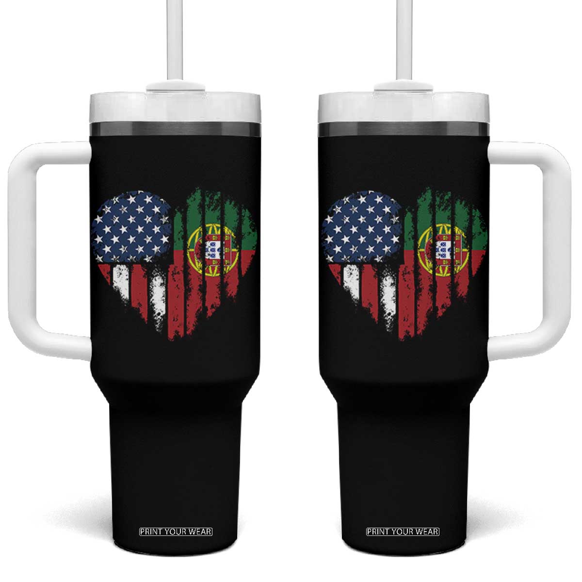 Half Portuguese American Flag Tumbler With Handle Portugal Roots USA Flag Immigrant Gifts TS10 One Size: 40 oz Black Print Your Wear