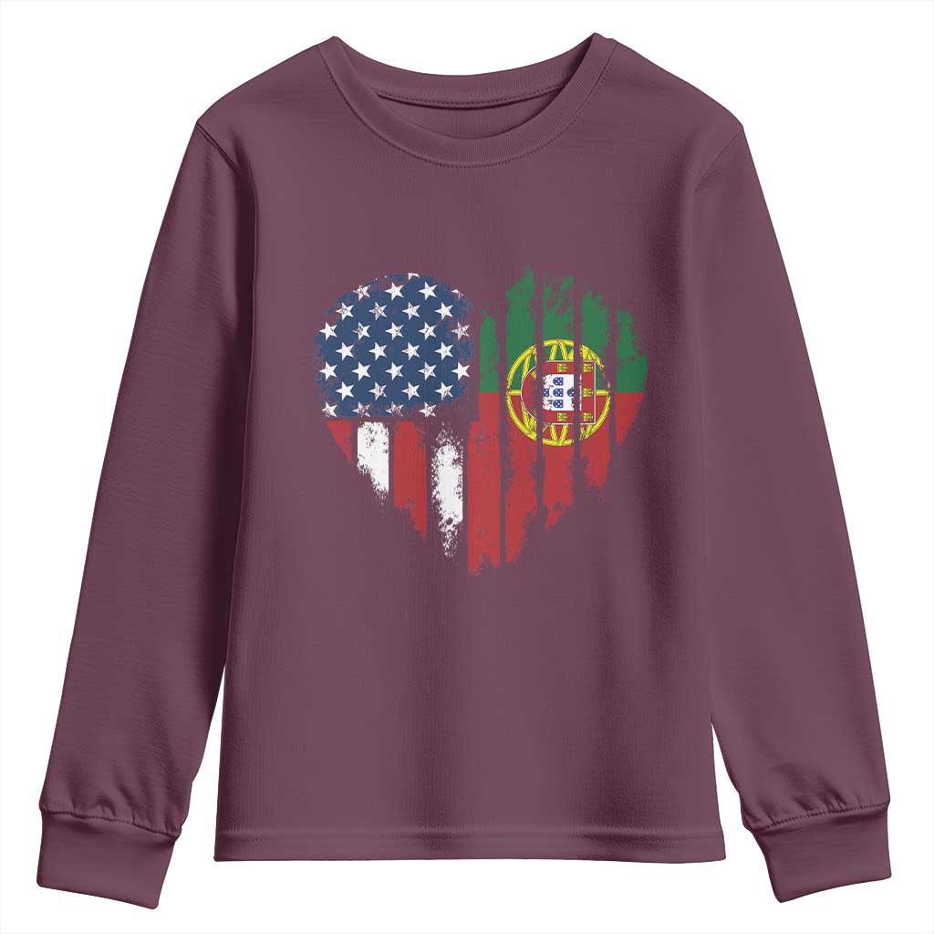 Half Portuguese American Flag Youth Sweatshirt Portugal Roots USA Flag Immigrant Gifts TS10 Maroon Print Your Wear