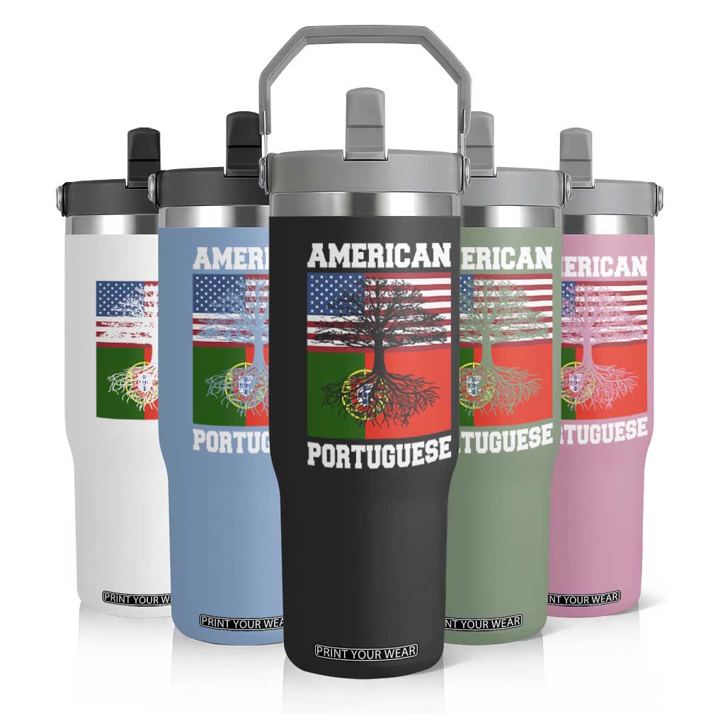 American Grown Portuguese Roots Flip Straw Tumbler Distressed Tree Portugal USA Flag TS10 Print Your Wear