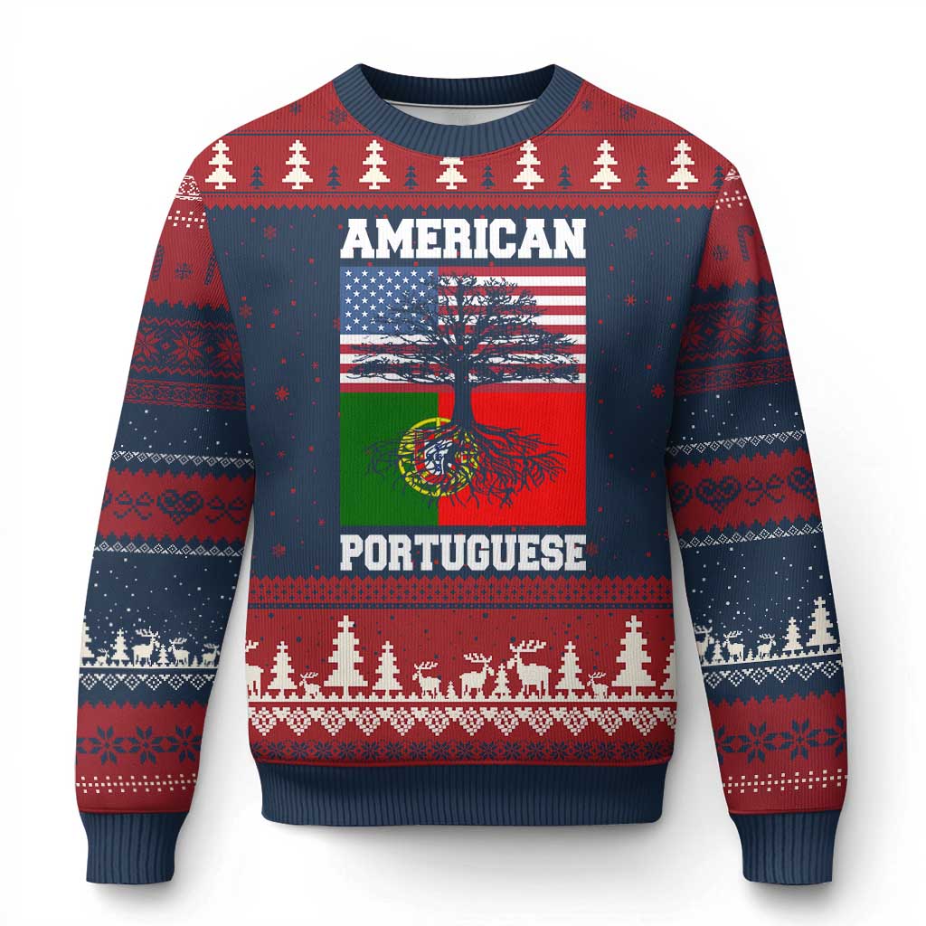 American Grown Portuguese Roots Ugly Christmas Sweater Distressed Tree Portugal USA Flag TS10 Navy Red Print Your Wear