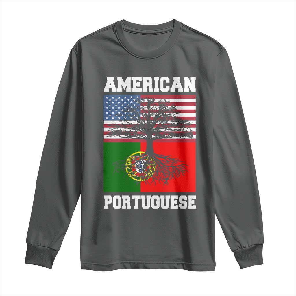 American Grown Portuguese Roots Long Sleeve Shirt Distressed Tree Portugal USA Flag TS10 Dark Heather Print Your Wear