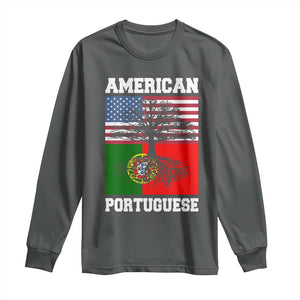 American Grown Portuguese Roots Long Sleeve Shirt Distressed Tree Portugal USA Flag TS10 Dark Heather Print Your Wear