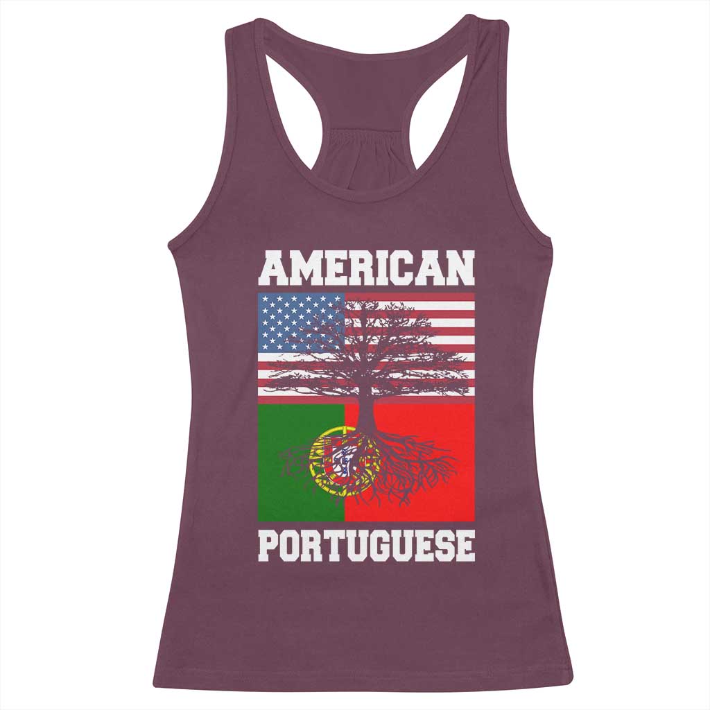 American Grown Portuguese Roots Racerback Tank Top Distressed Tree Portugal USA Flag TS10 Maroon Print Your Wear