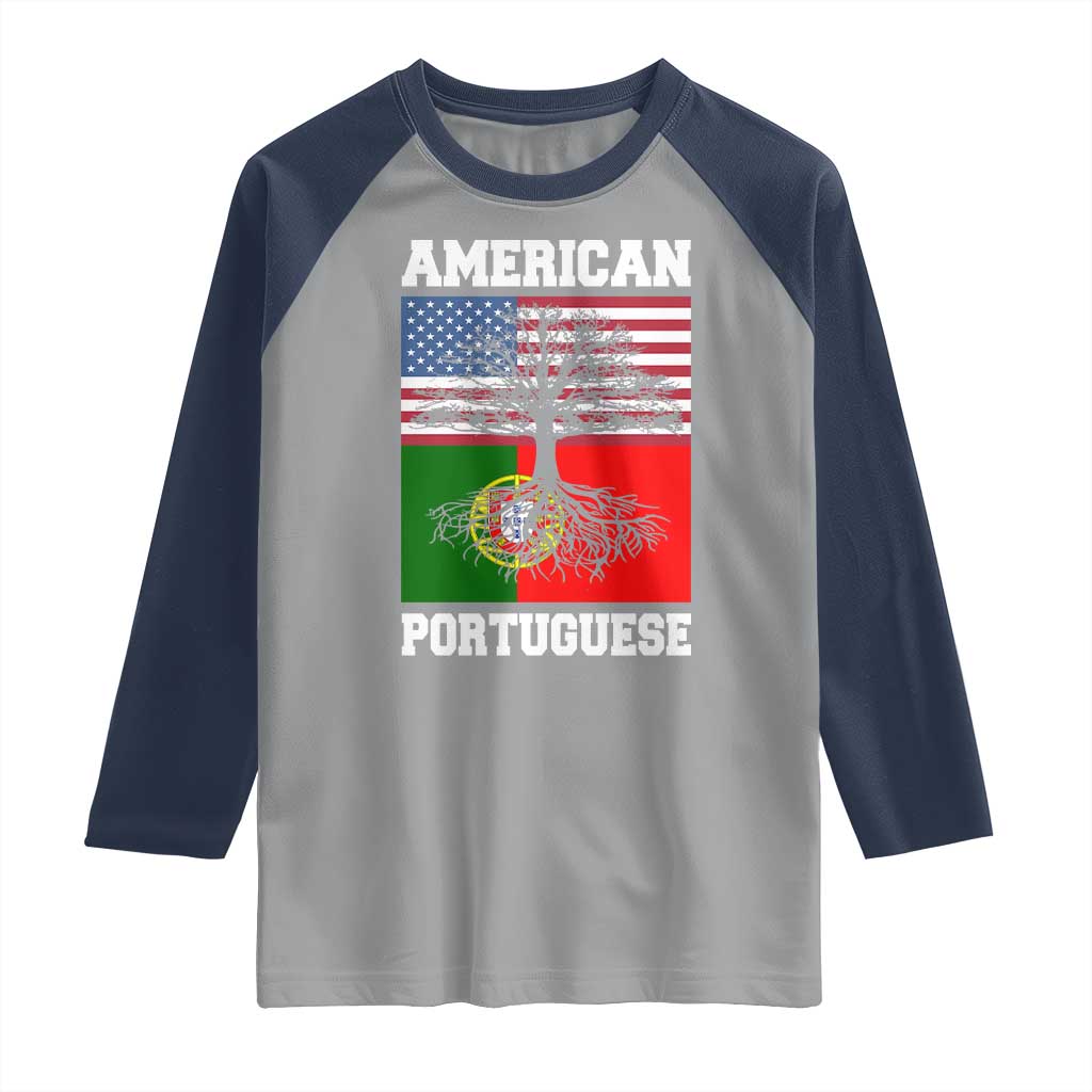 American Grown Portuguese Roots Raglan Shirt Distressed Tree Portugal USA Flag TS10 Sport Gray Navy Print Your Wear