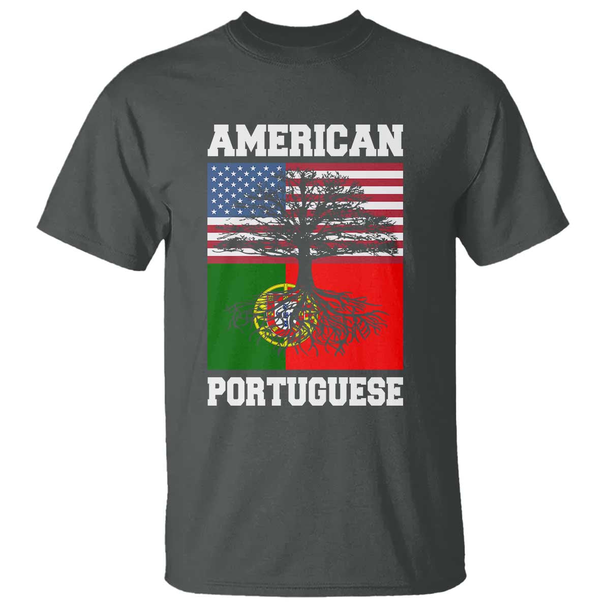 American Grown Portuguese Roots T Shirt Distressed Tree Portugal USA Flag TS10 Dark Heather Print Your Wear