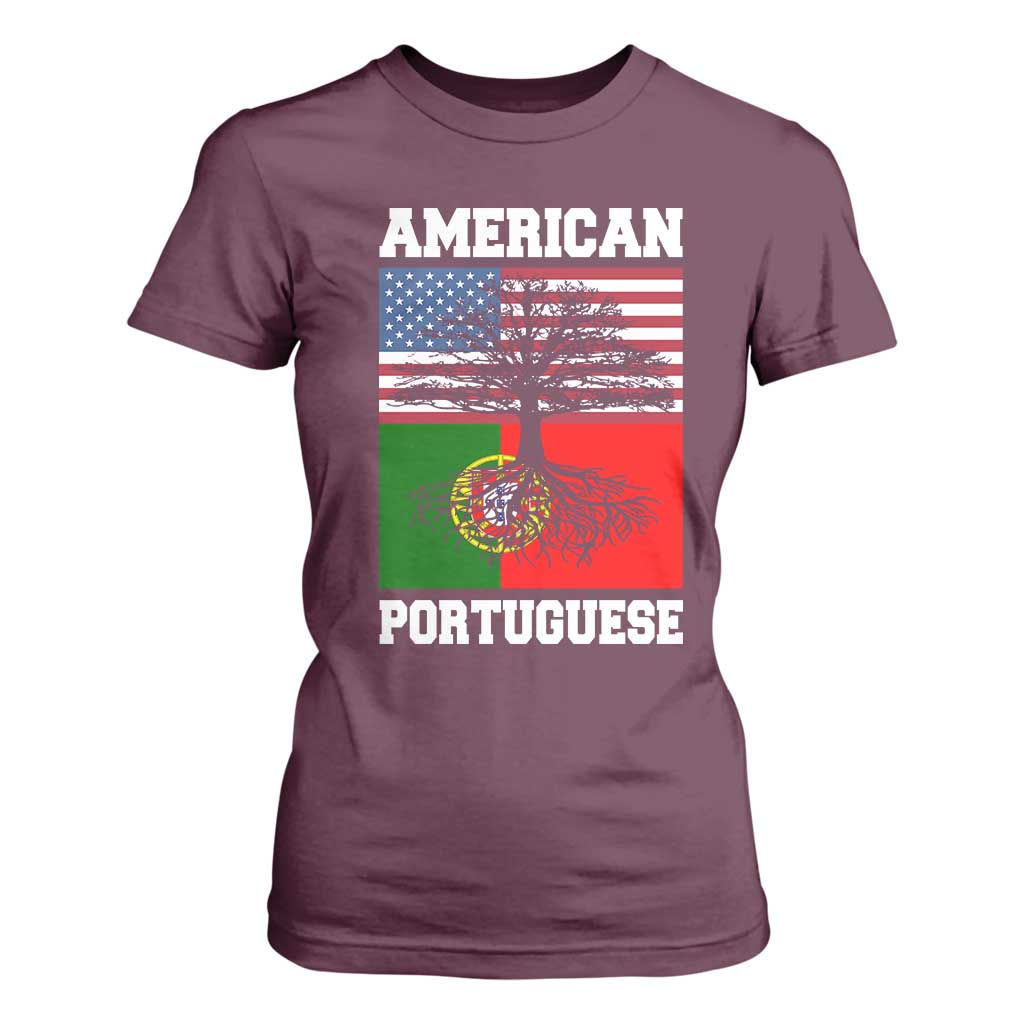 American Grown Portuguese Roots T Shirt For Women Distressed Tree Portugal USA Flag TS10 Maroon Print Your Wear
