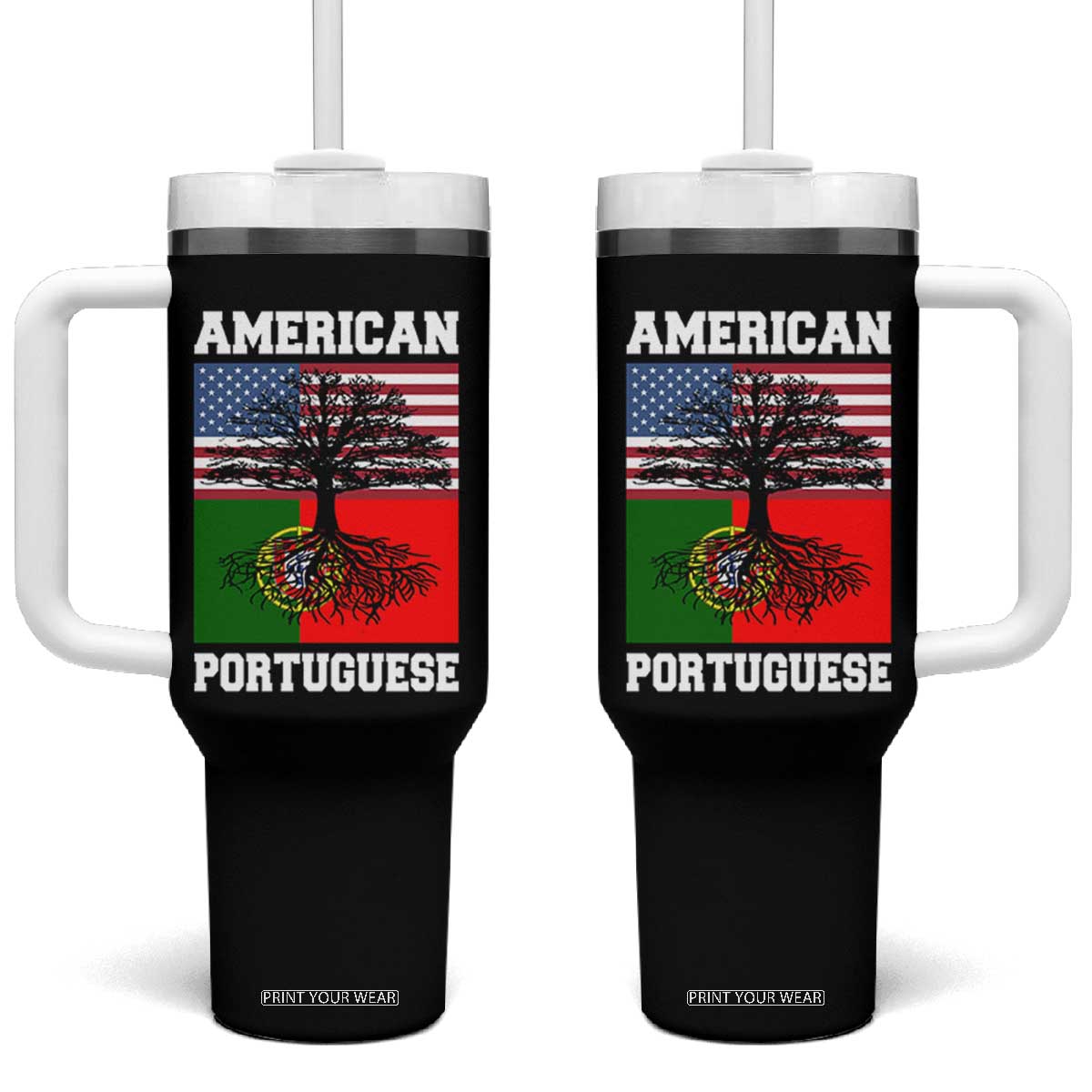 American Grown Portuguese Roots Tumbler With Handle Distressed Tree Portugal USA Flag TS10 One Size: 40 oz Black Print Your Wear