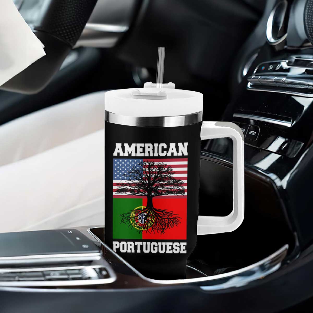 American Grown Portuguese Roots Tumbler With Handle Distressed Tree Portugal USA Flag TS10 Print Your Wear