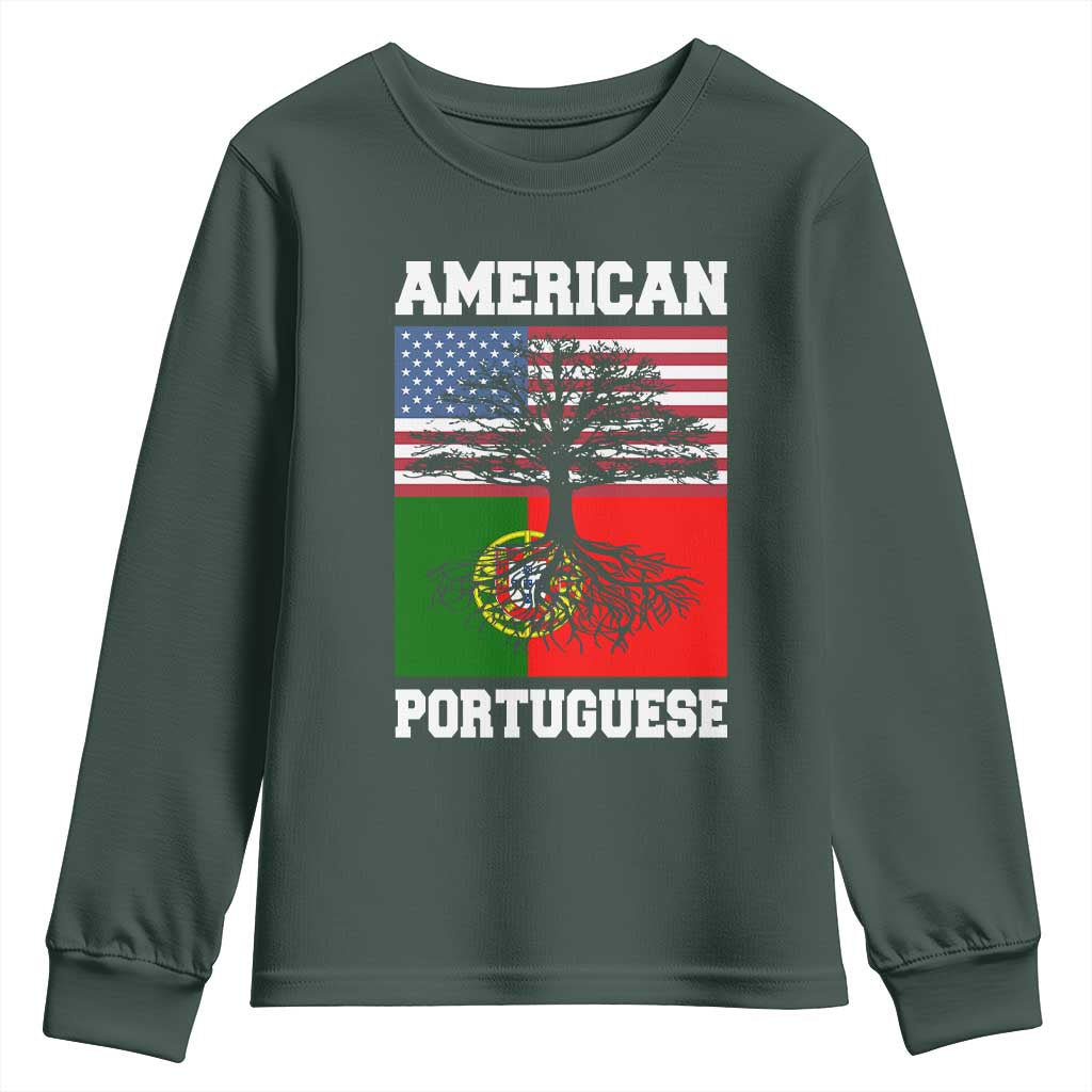 American Grown Portuguese Roots Youth Sweatshirt Distressed Tree Portugal USA Flag TS10 Dark Forest Green Print Your Wear