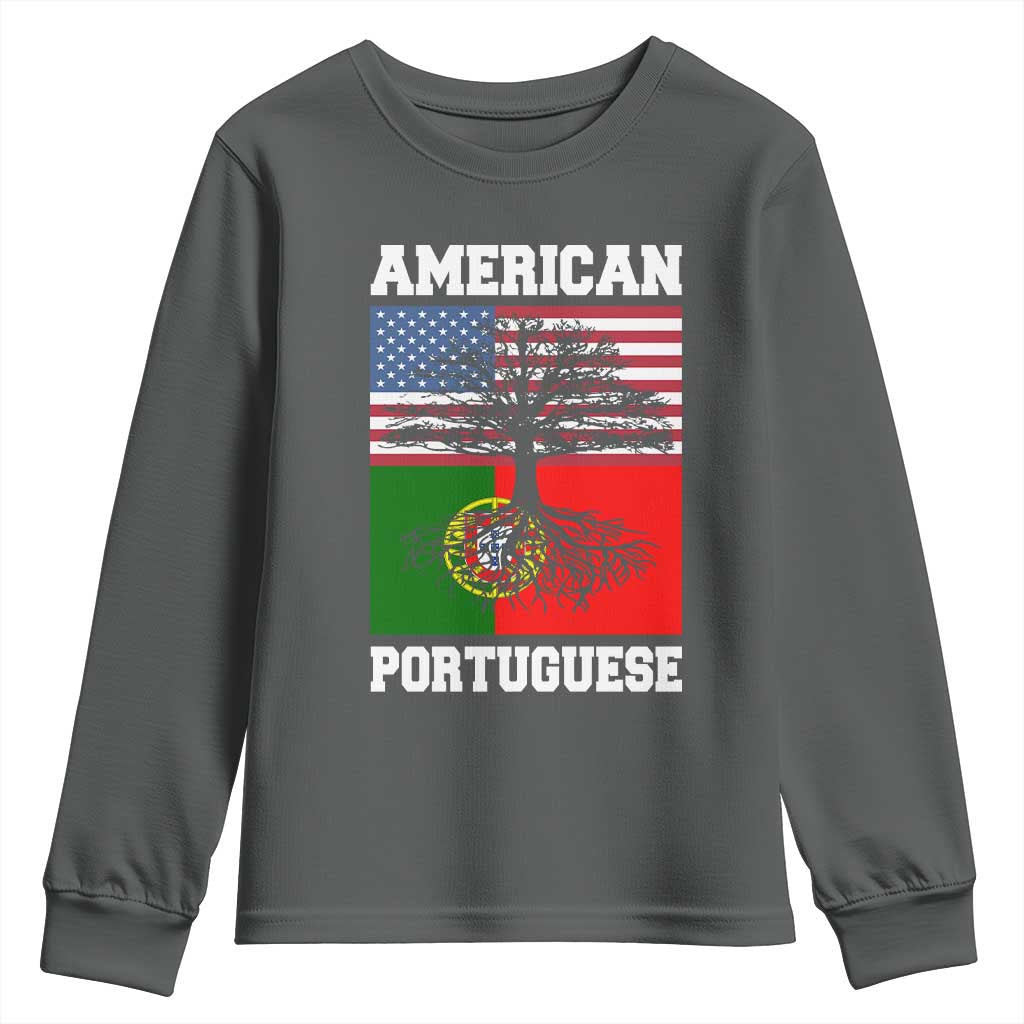 American Grown Portuguese Roots Youth Sweatshirt Distressed Tree Portugal USA Flag TS10 Dark Heather Print Your Wear