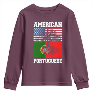 American Grown Portuguese Roots Youth Sweatshirt Distressed Tree Portugal USA Flag TS10 Maroon Print Your Wear