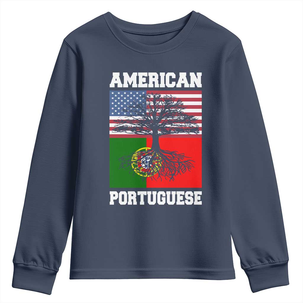 American Grown Portuguese Roots Youth Sweatshirt Distressed Tree Portugal USA Flag TS10 Navy Print Your Wear