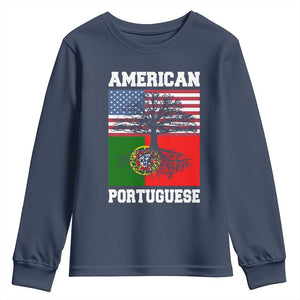 American Grown Portuguese Roots Youth Sweatshirt Distressed Tree Portugal USA Flag TS10 Navy Print Your Wear