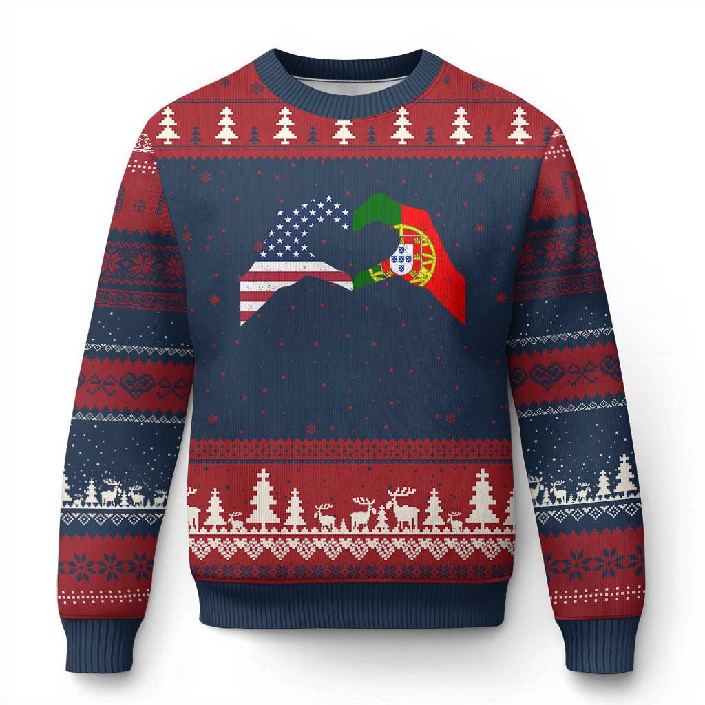 Portuguese American Flag Ugly Christmas Sweater Vintage Portugal USA Flag Heart TS10 Navy Red Print Your Wear