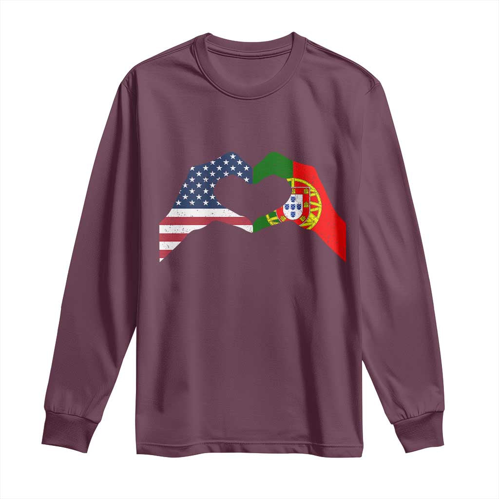 Portuguese American Flag Long Sleeve Shirt Vintage Portugal USA Flag Heart TS10 Maroon Print Your Wear