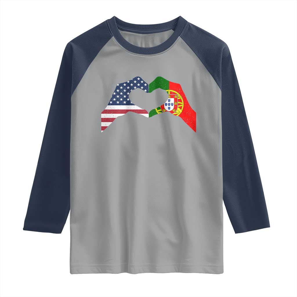 Portuguese American Flag Raglan Shirt Vintage Portugal USA Flag Heart TS10 Sport Gray Navy Print Your Wear