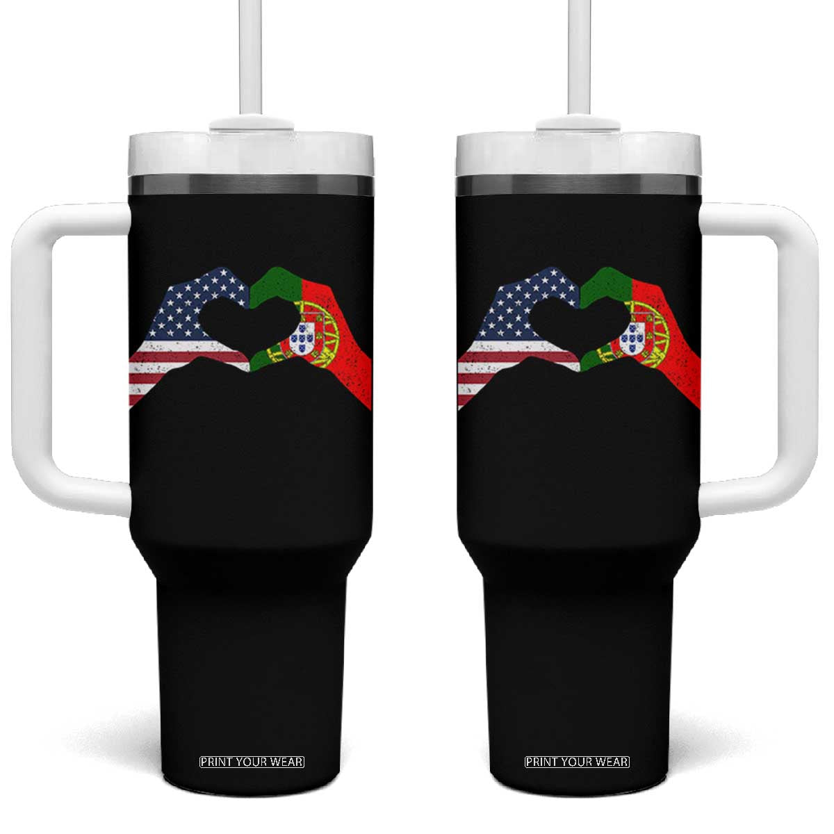Portuguese American Flag Tumbler With Handle Vintage Portugal USA Flag Heart TS10 One Size: 40 oz Black Print Your Wear