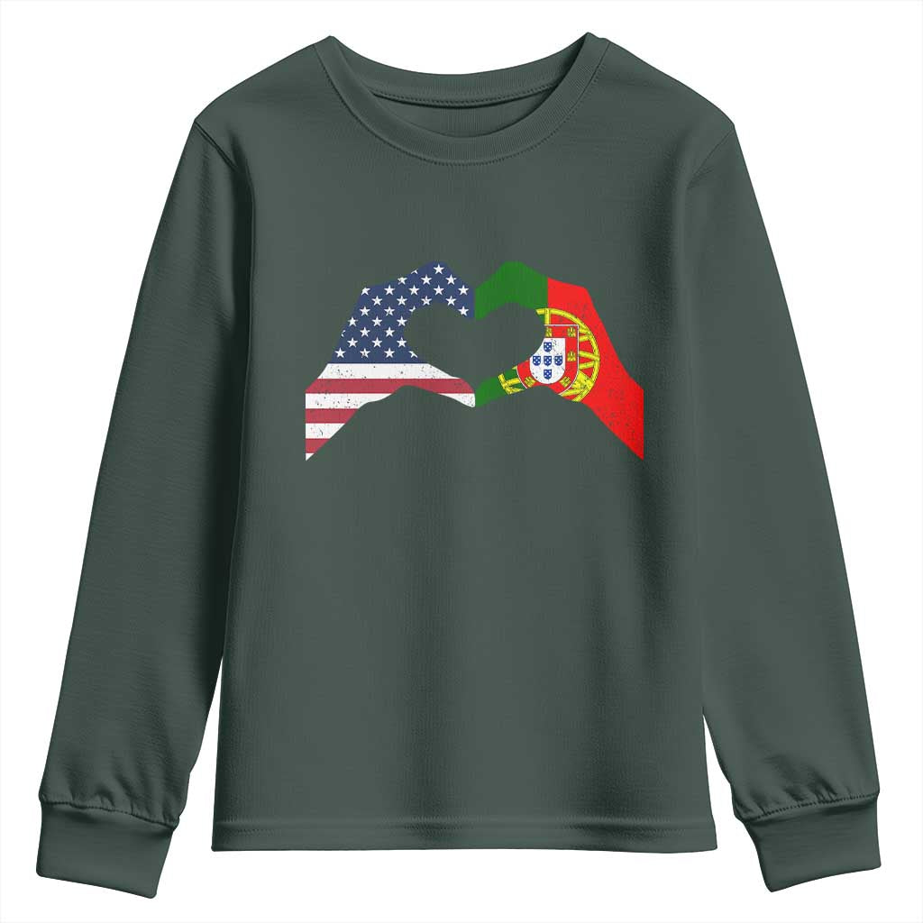 Portuguese American Flag Youth Sweatshirt Vintage Portugal USA Flag Heart TS10 Dark Forest Green Print Your Wear