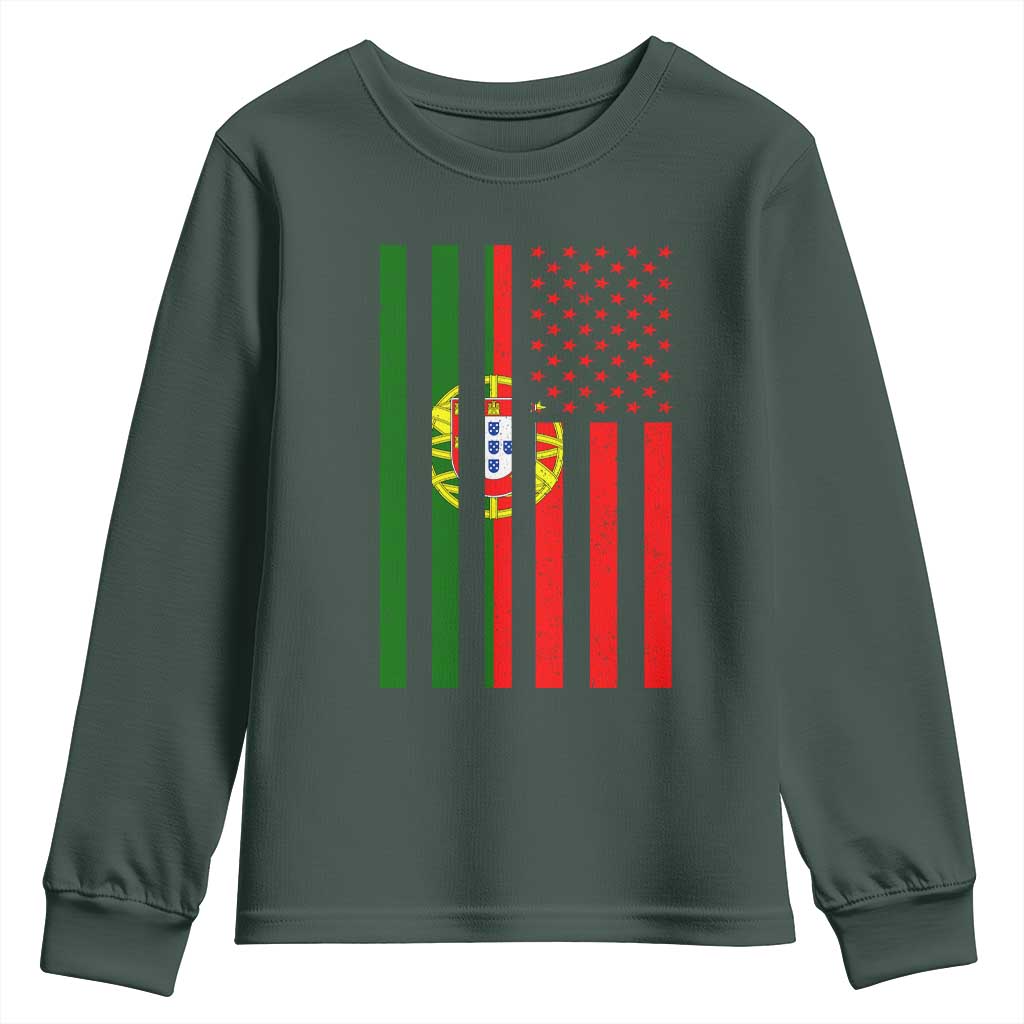 Portuguese Flag Youth Sweatshirt Vintage USA Flag Portugal Pride Gifts TS10 Dark Forest Green Print Your Wear