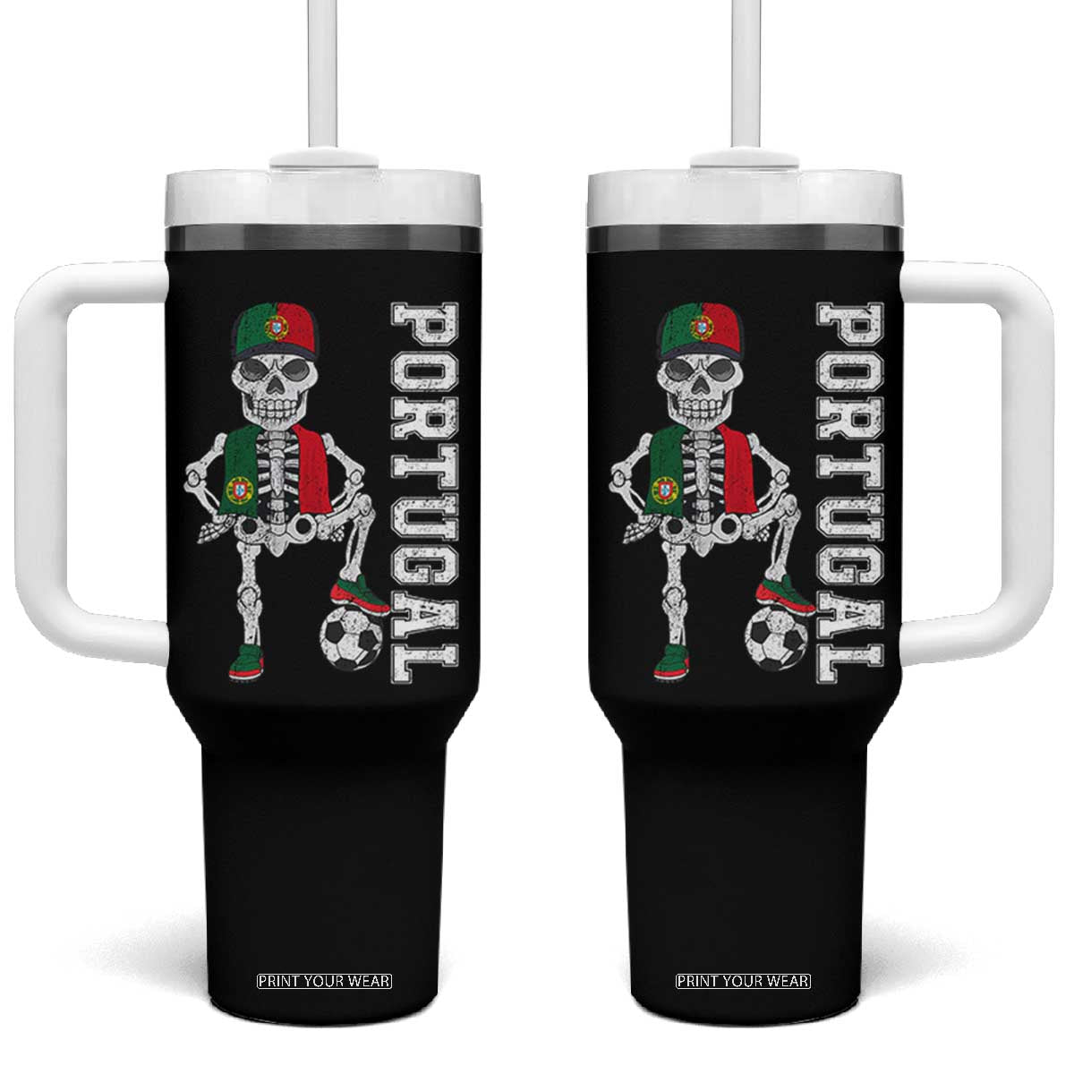 Portugal Soccer Tumbler With Handle Skeleton Portuguese Flag Futebol Football Player TS10 One Size: 40 oz Black Print Your Wear