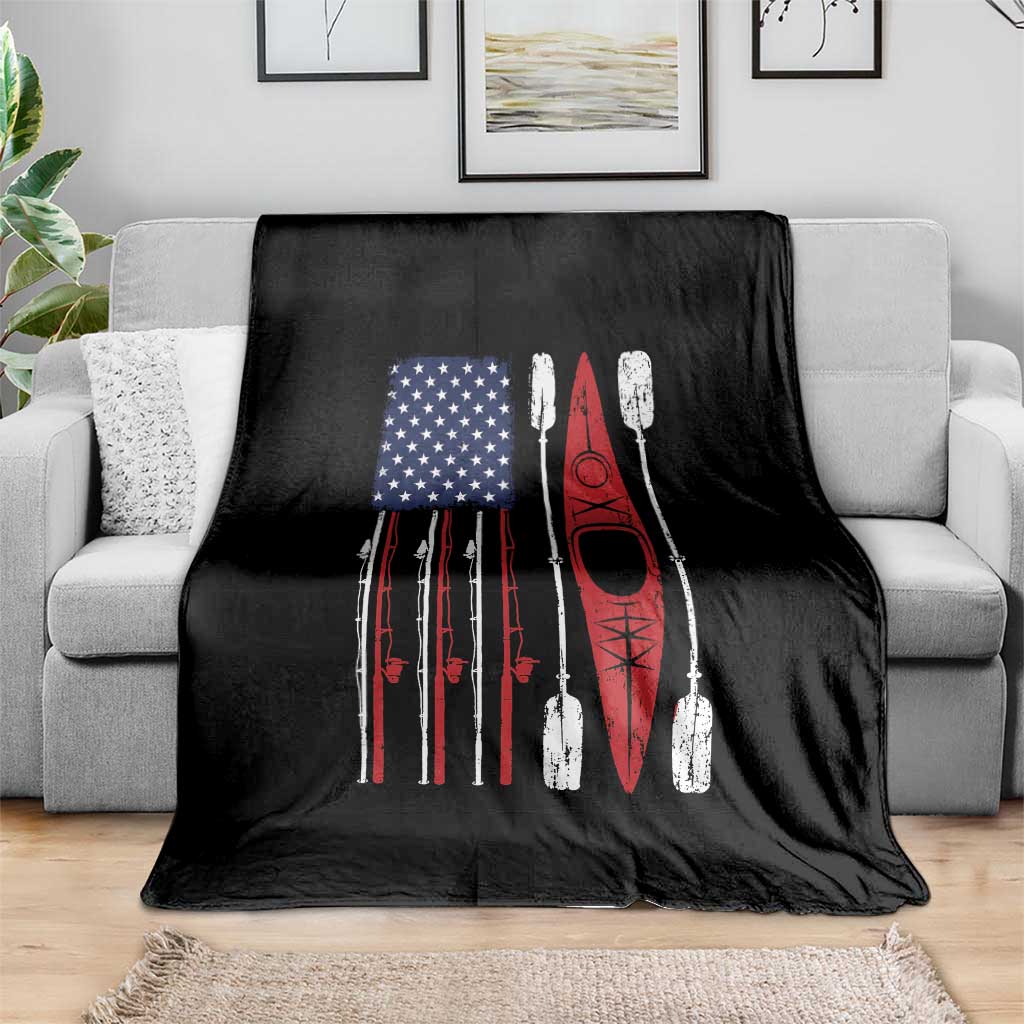 American Flag Kayak Fishing Graphic Throw Blanket Patriotic Kayaker Fisherman