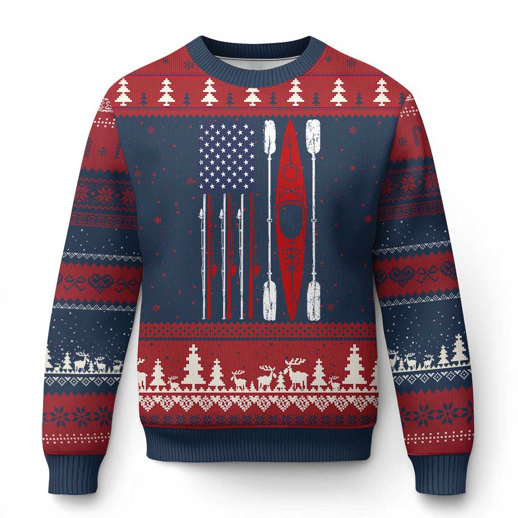 American Flag Kayak Fishing Graphic Ugly Christmas Sweater Patriotic Kayaker Fisherman TS10 Navy Red Print Your Wear
