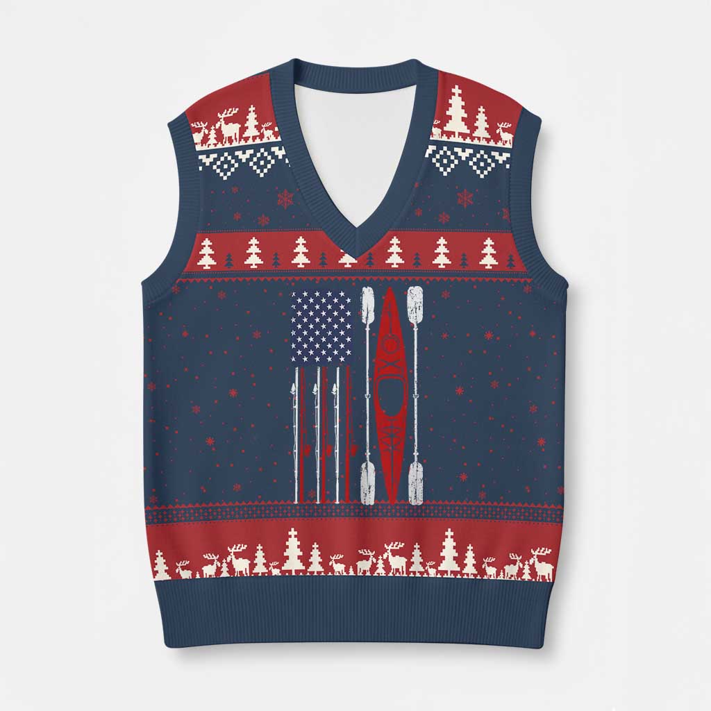 American Flag Kayak Fishing Graphic V-Neck Knit Sweater Vest Patriotic Kayaker Fisherman TS10 Navy Red Print Your Wear